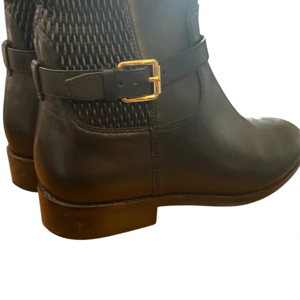 Cole Haan Tall Galina Leather Boots SZ 8 Stretch Back Gold Buckle Chunky Heel